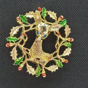 Vintage Holiday Pin Deer Gold Tone Brooch Red Green Blue Purse Charm Stamped